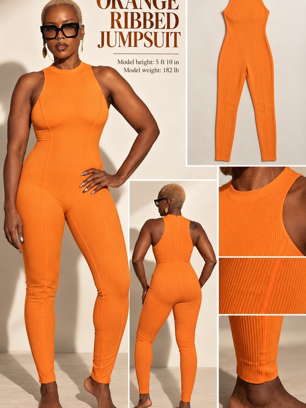 Orange Ribbed Sleeveless Jumpsuit - Women's